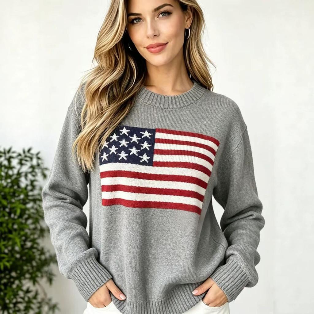Spot Aesthetic Vintage Sweater Loose Flag Europe and America Easter Independence Day Amazon US Knitted Sweater