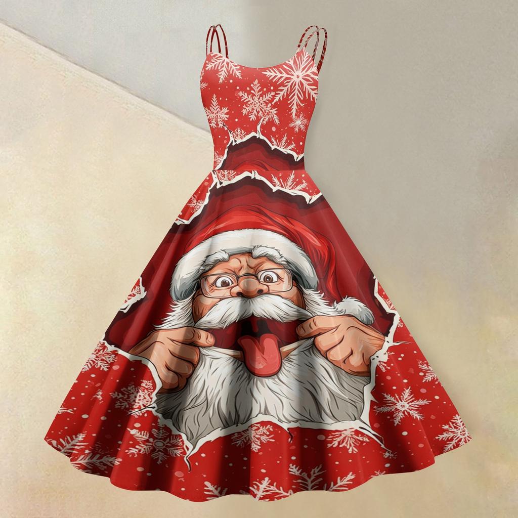 Women's Casual Sleeveless Round Neck Dress with Christmas Print for Holiday Party