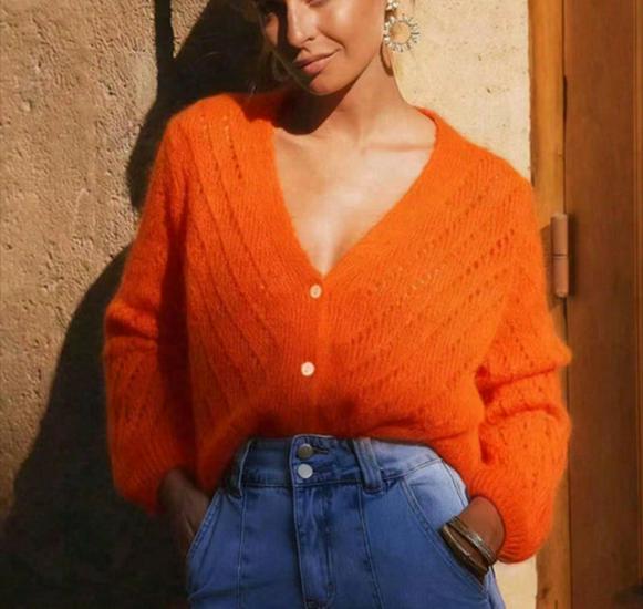 Damen V-Ausschnitt Mohair Cardigan - Langarm, Lochmuster, einfarbige Basis für Frühling & Herbst