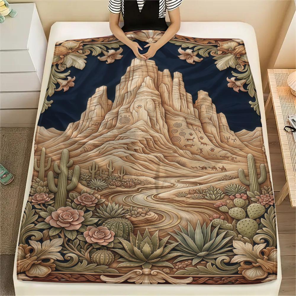 1PC Desert Mountain Print FlAannel Blanket, High Quality Comfortable for All Seasons, Home Decor, Warmth and Comfort