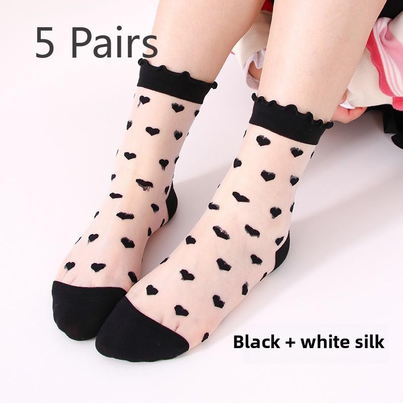 

5 пар женских тонких кружевных чулок с кристаллами на весну и лето, дышащие, прохладные, без косточек, сшитые вручную, из стеклянного шелка для женщин 5 Pairs белый/чёрный