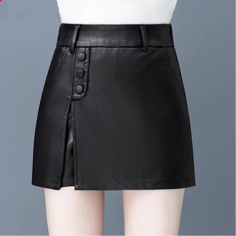 2025 Autumn/Winter Korean High-Waisted Slimming Plus Size PU Leather Skirt Pants S under 95 jin