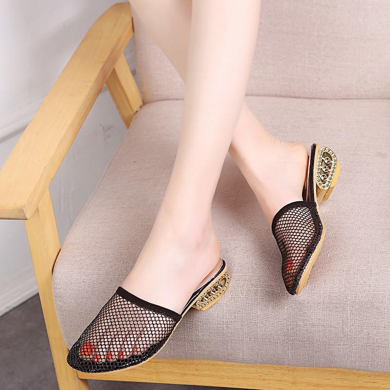 Summer Women Slippers Sexy Mesh Mules Indoor Home Slides Square Toe Female Shoes Outdoor Clogs Beach Sandals Flip Flops 43