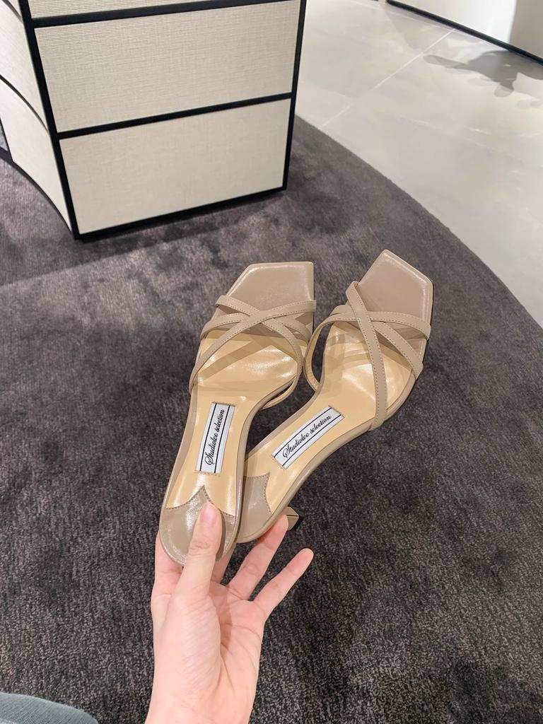 Sheepskin version~ Beautiful temperament square head cross with mirror open-toed high-heeled sandals women's half slippers