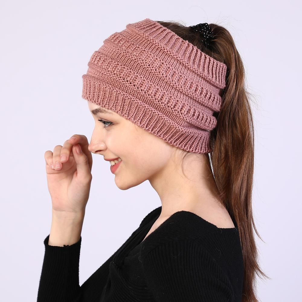 Women Autumn Winter Ponytail Beanie Hat Solid Color Lady Stretch Knitted Crochet Beanies Hat Cap For Women