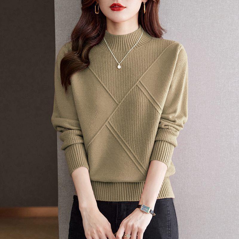 

Women Solid Half High Collar Cashmere Sweater Autumn Winter Loose Knitted Wool Casual Sweater Bottoming Shirt XS