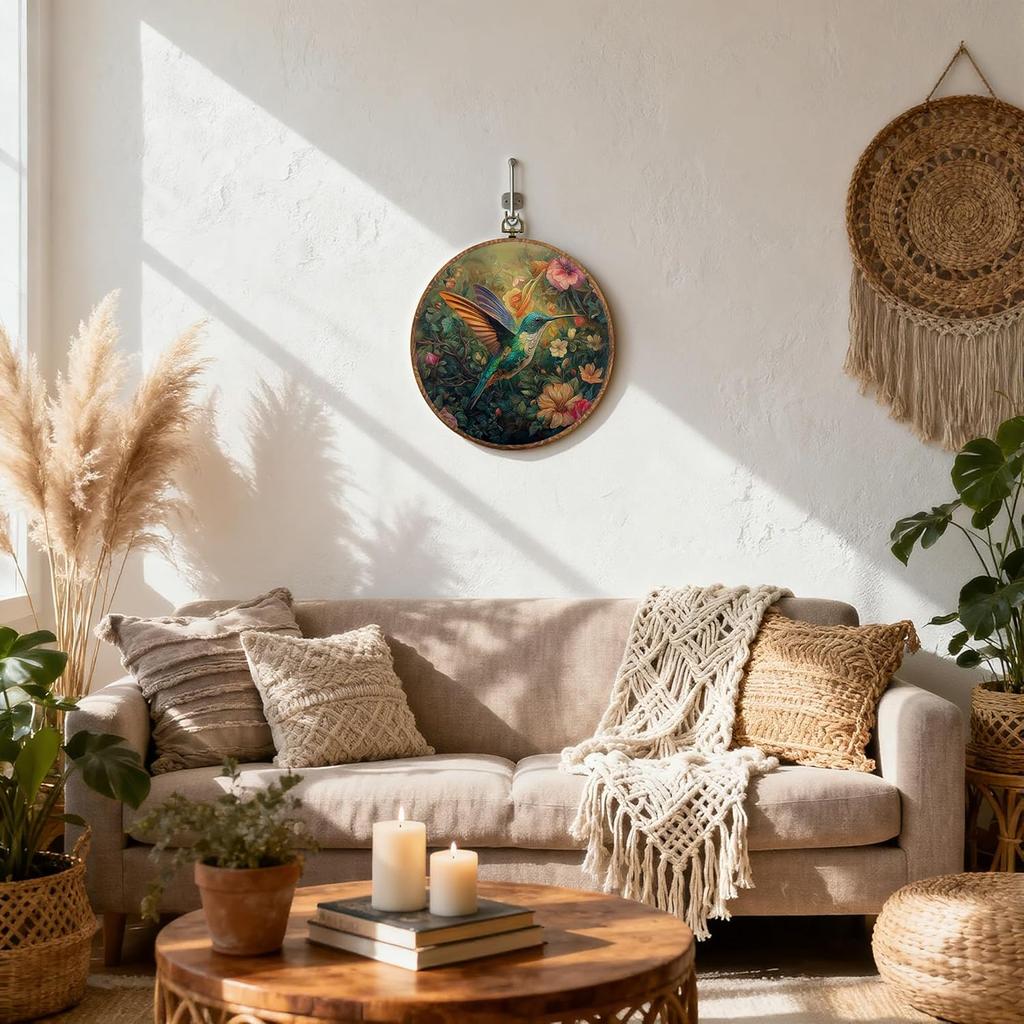 DEQSX Vintage Floral Hummingbird Round Wall Art, Rustic Nature Cottagecore Flower Botanical Bird Wall Decor Canvas Prints Posters for Home Bedroom