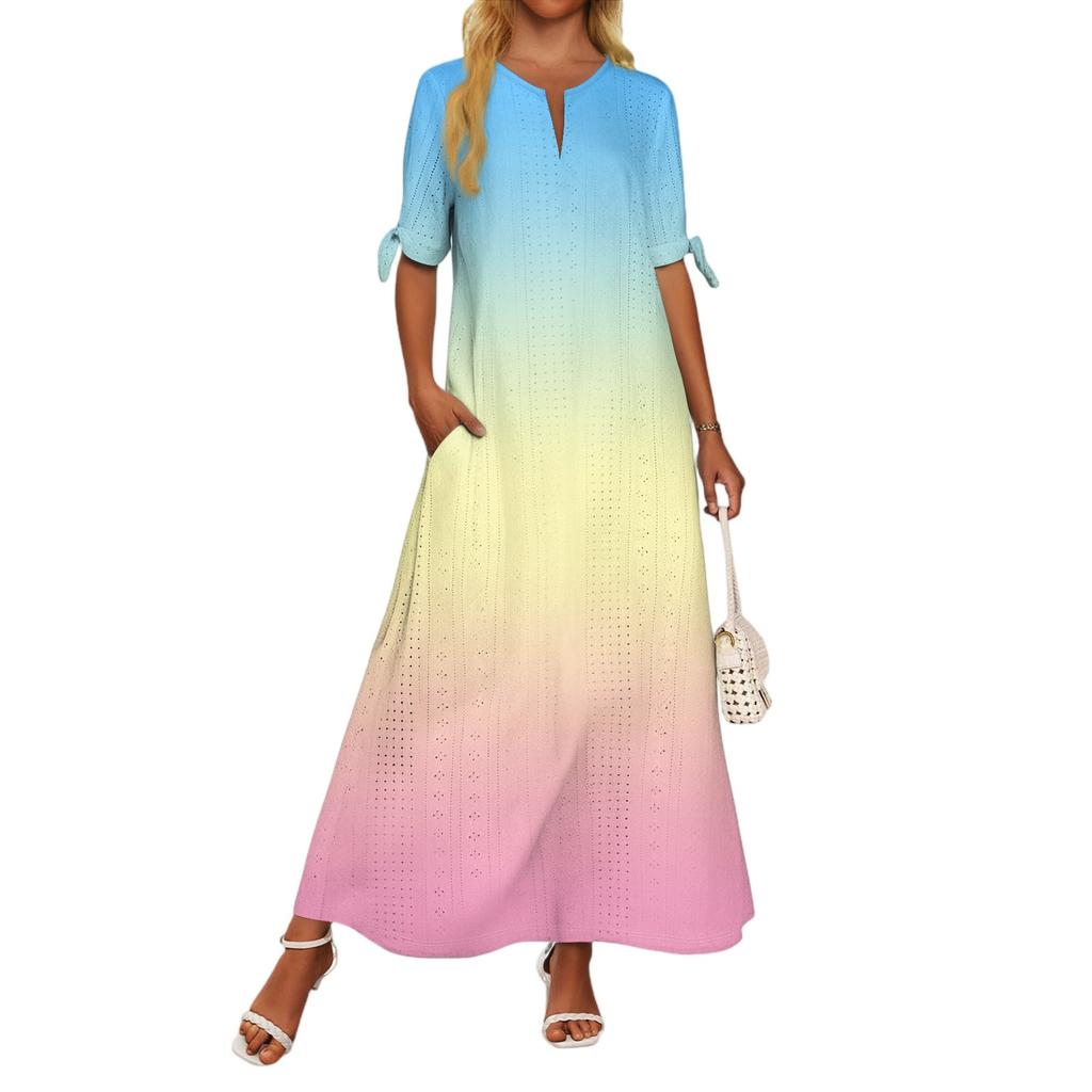 Ladies Casual Fashion Temperament Elegant Waist Gradient Color Print Long Dress