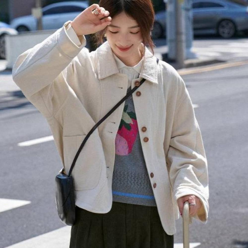 Long Sleeve Woman Vintage Outerwear Button Cardigan Coat Cropped Jacket Women  Spring Autumn
