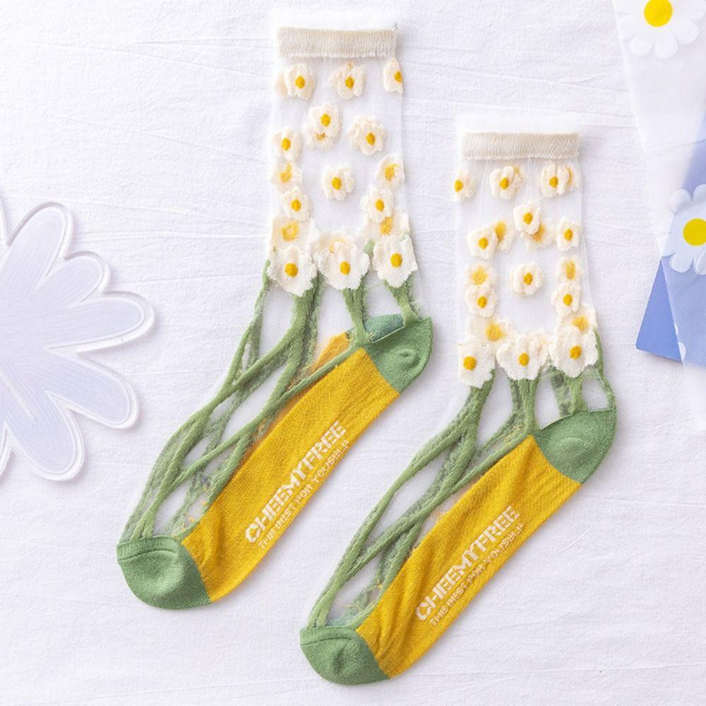 5Pairs Glass Silk Tulle Mid Tube Socks Mesh Sweet Socks Women Soft Transparent Flower Socks  Girl