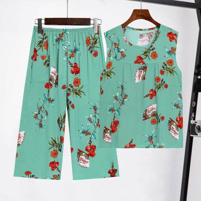 2 Pcs/Set Women Vest Pants Set Flower Print Round Neck Sleeveless Loose Pleated Elastic Waist Wide Leg Casual Homewear Mid-aged Mother Pajamas Set