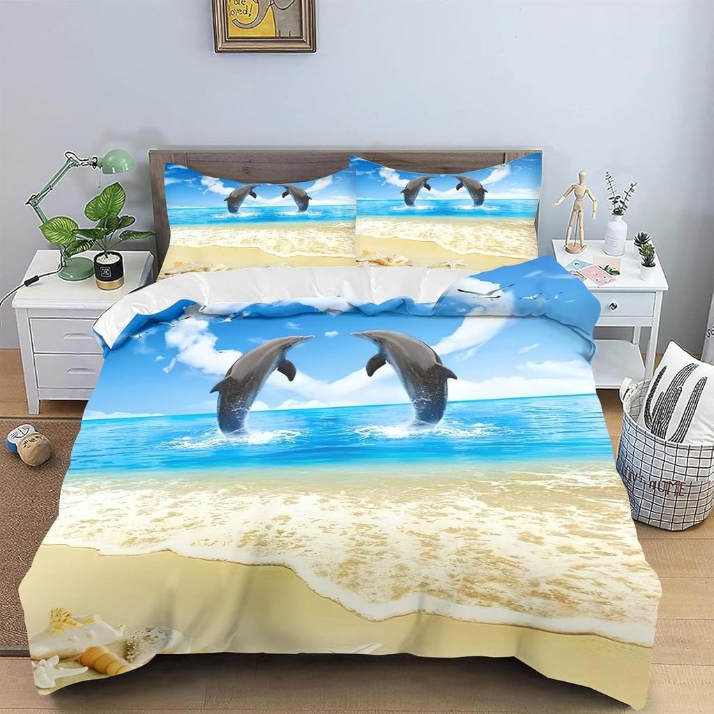 3D Dolphin Duvet Cover Set, Underwater World Duvet Cover and Pillowcase, Dolphin, Tropical Fish, Coral Ocean Bedding Set