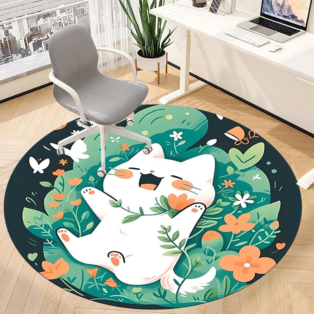 1pc Floral Cat Office Round Area Rug, Indoor Mat Suitable For Office, Under Office Chairs Bedroom Living Room Home Decor177