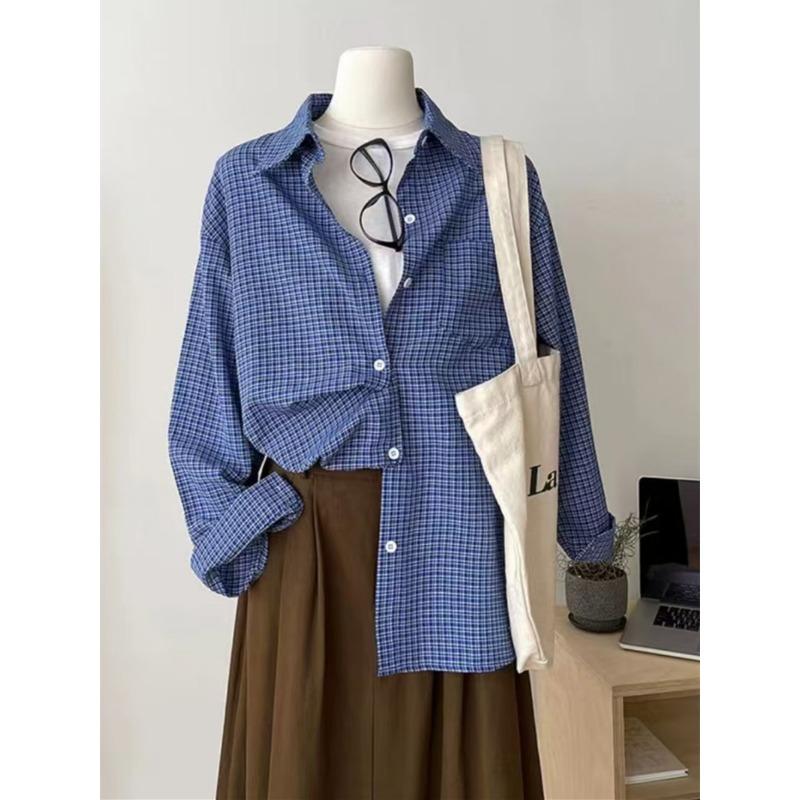 American Retro Blue Plaid Shirt for Women Spring Autumn and Summer Korean Style Lazy Loose Sun Protection Shirt Top Jacket