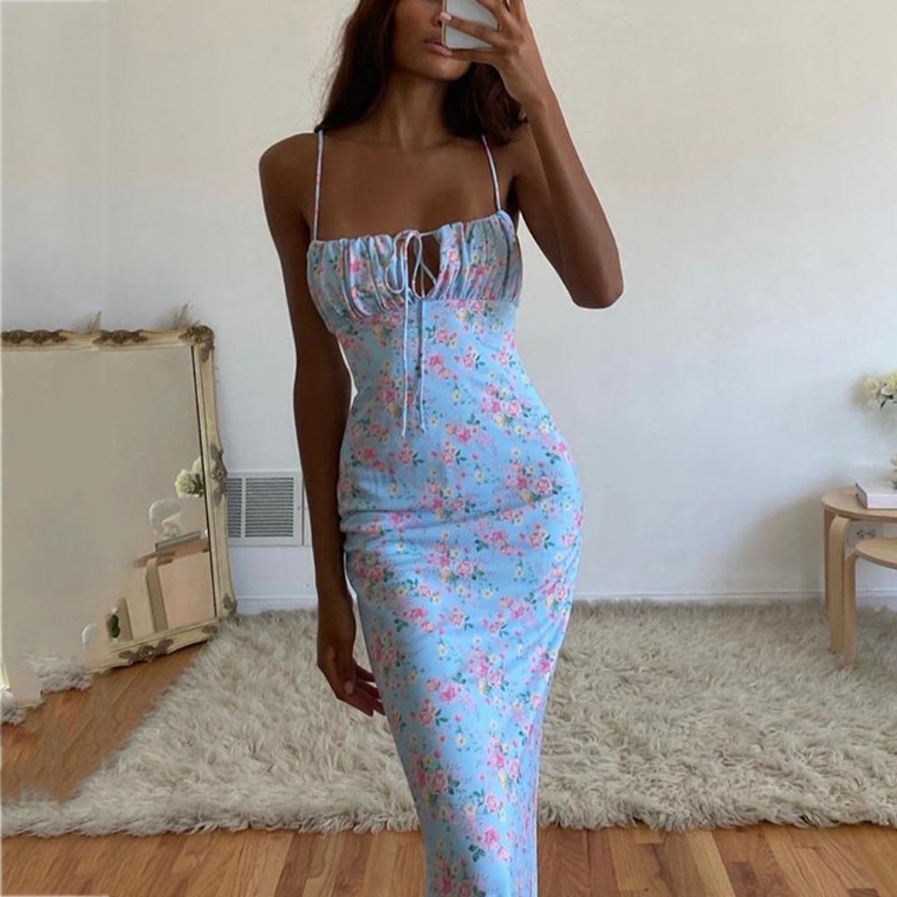 Women's Square Neck Sleeveless Maxi Dress Slim Fit High Waist Floral Print Tie Strap Mermaid Backless Sexy Summer Party Dress