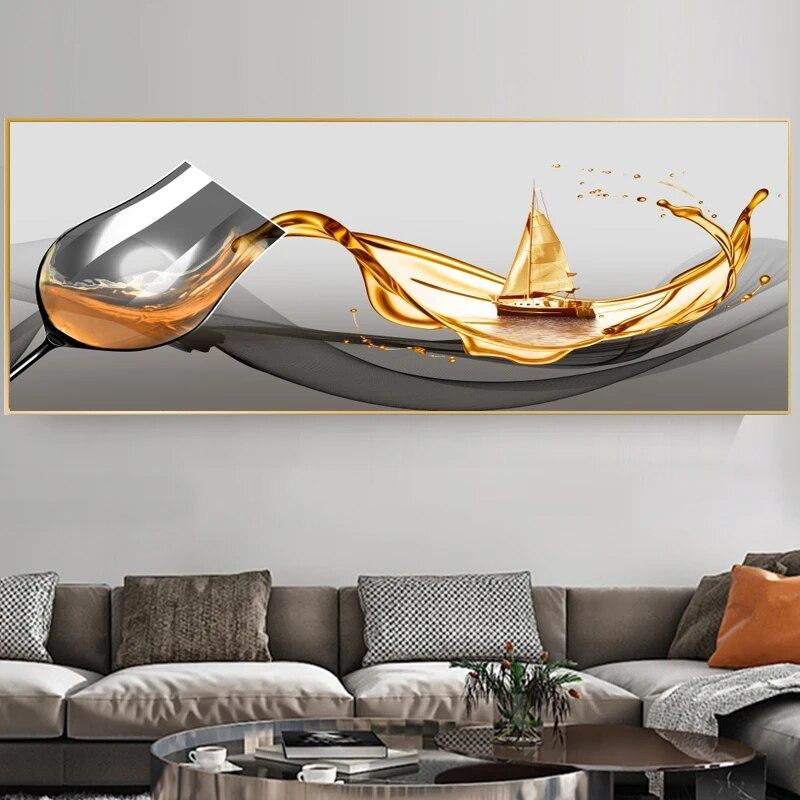 

Современная роскошная картина на холсте, бокал для вина, парусная лодка, декоративные картины, настенное искусство, китайский золотой декор для гостиной, спальни, Куадрос 60x180CM NO Frame банан мания