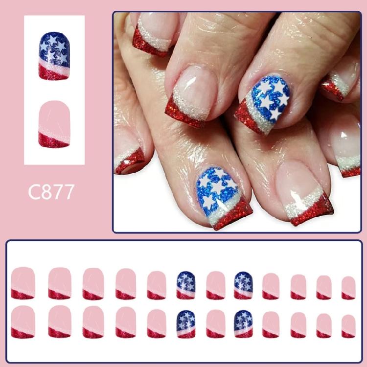 Unghia Finta Quadrata French Tip Unghia a Pressione Copertura Totale Unghia Finta Giorno dell'Indipendenza Unghia da Incollare Unghia Finta Patriottica