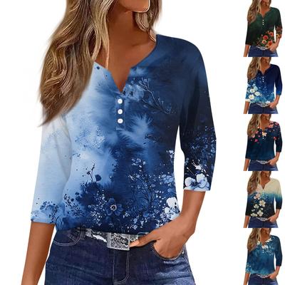 Women's Fashion Casual Floral Print V-Neck Decorative Button Three-quarter Sleeve T-Shirt Top