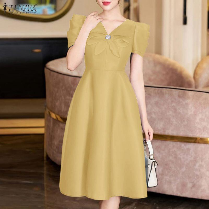 ZANZEA Women Casual V-Neck Summer Short Sleeve A-line Dress