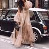 2025 Summer European & American Women's V-Neck Mesh Puff Sleeve See-through Maxi Dress