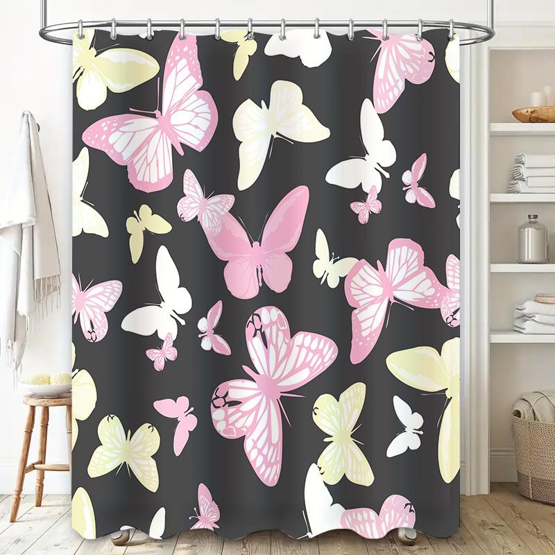 Colorful Butterfly Shower Curtain SetPink White Floral Pattern for Bathroom Decor Modern Home Decorative Shower Curtains with Ro