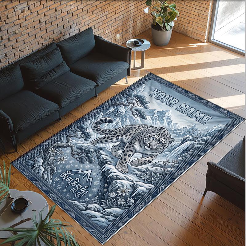 Leopard Theme Crystal Velvet Floor Rug Personalized Custom Name Text Warm Carpet Home Decoration
