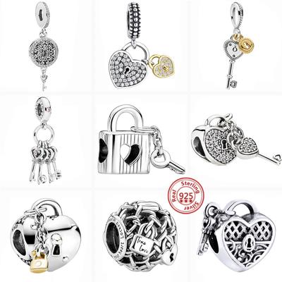 Argento Sterling 925 Traforato Maglia a Catena Lucchetto Cuore Chiave Ciondolo Pendente Perline Adatto Bracciale Gioielli Donna