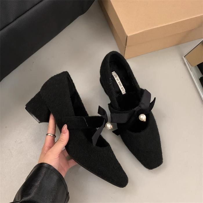 

Французские туфли на толстом каблуке серого цвета, одинарные, для ношения с юбкой, вечерние туфли, женская обувь 2025, осень и зима, бархатные туфли Мэри Джейн, пушистые туфли 39