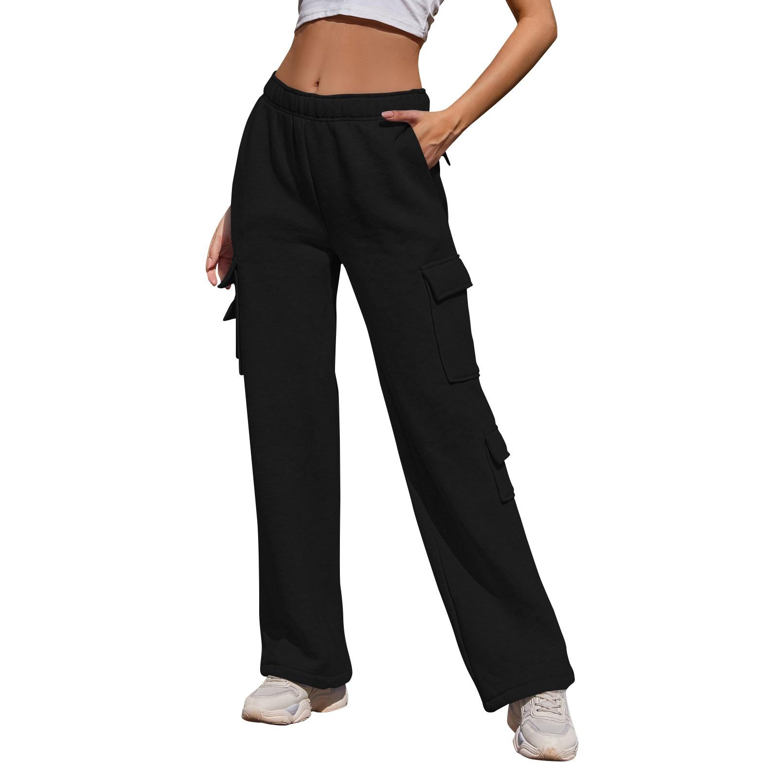 

Women s Casual Fashion Solid Color Elastic Waist Drawstring Pockets Wide Leg Straight Pants L чёрный