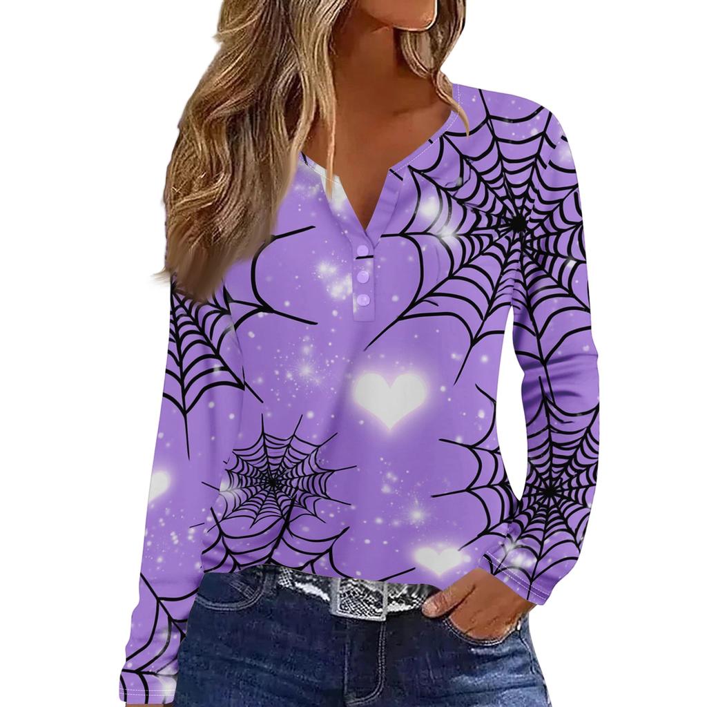 Women's Casual Long Sleeve Halloween Print V-Neck T-Shirt with Decorative Buttons