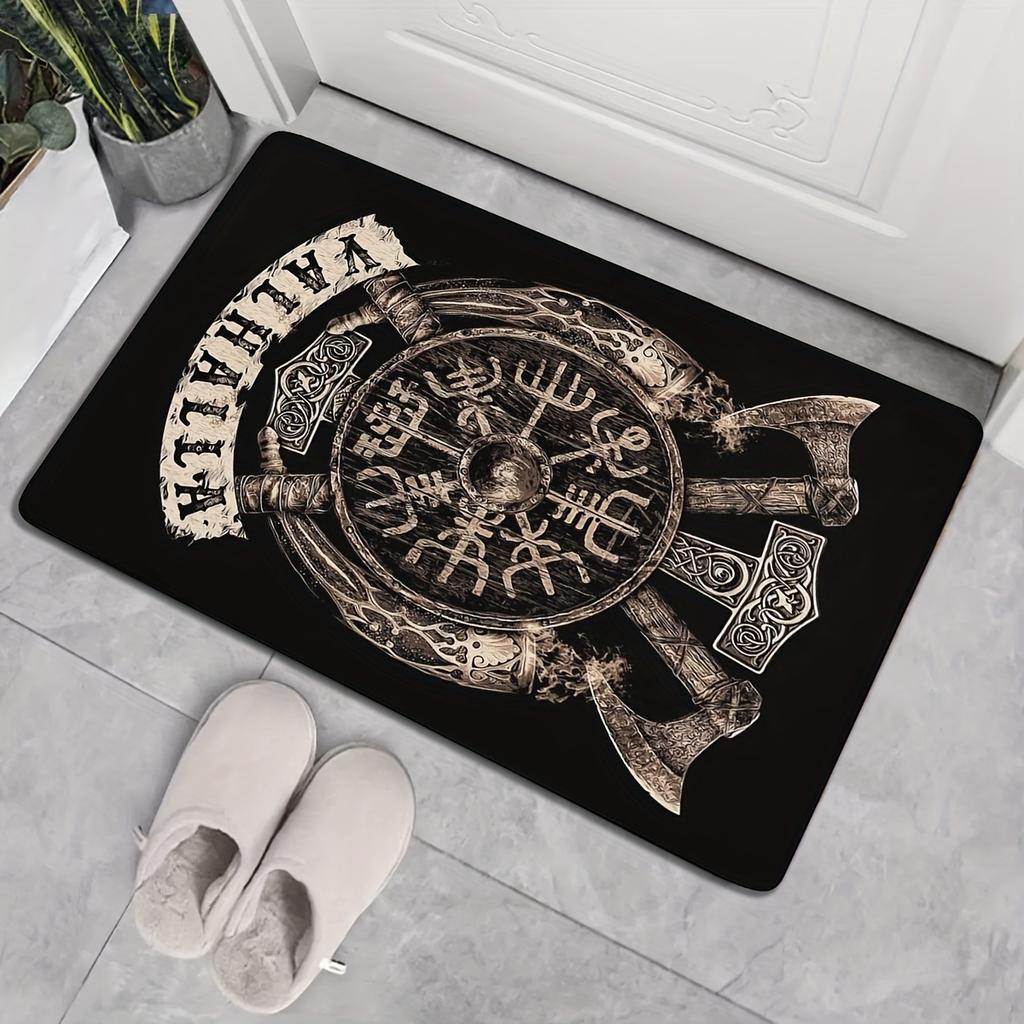 Retro Style Viking Area Rug Valhalla Shield and Hammer Pattern Non-Slip Thick Soft Carpet for Living Room Bedroom Office Yoga