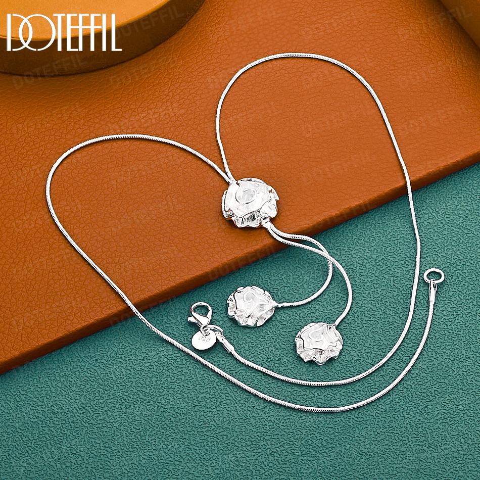925 Sterling Silver Fashion Snake Chain with Three Roses Necklace Wedding Gift Jewelry