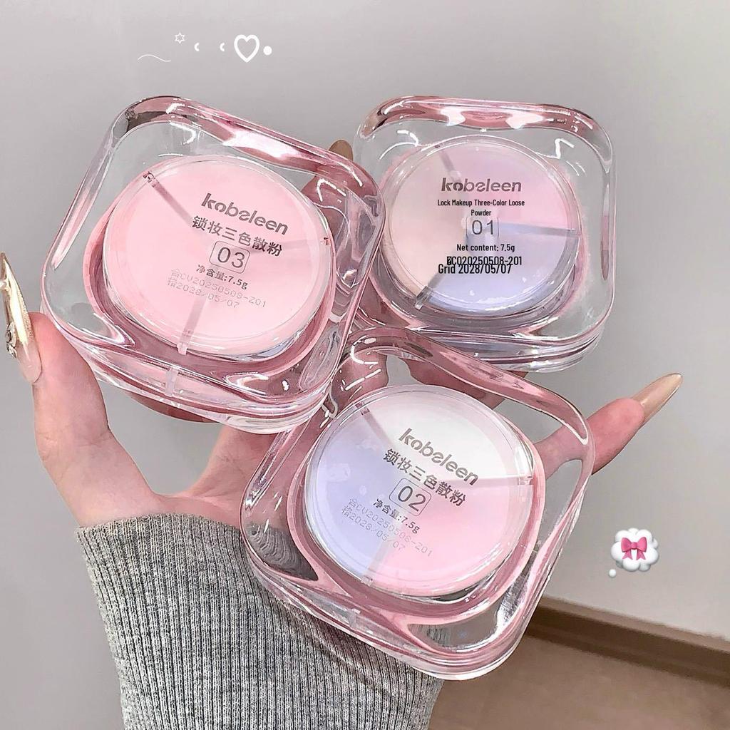 Kobeleen Three-Color Loose Powder with Puff: Fine, Natural Soft Mist Finish, Waterproof, Sweatproof, Brightening Women's Setting Powder.