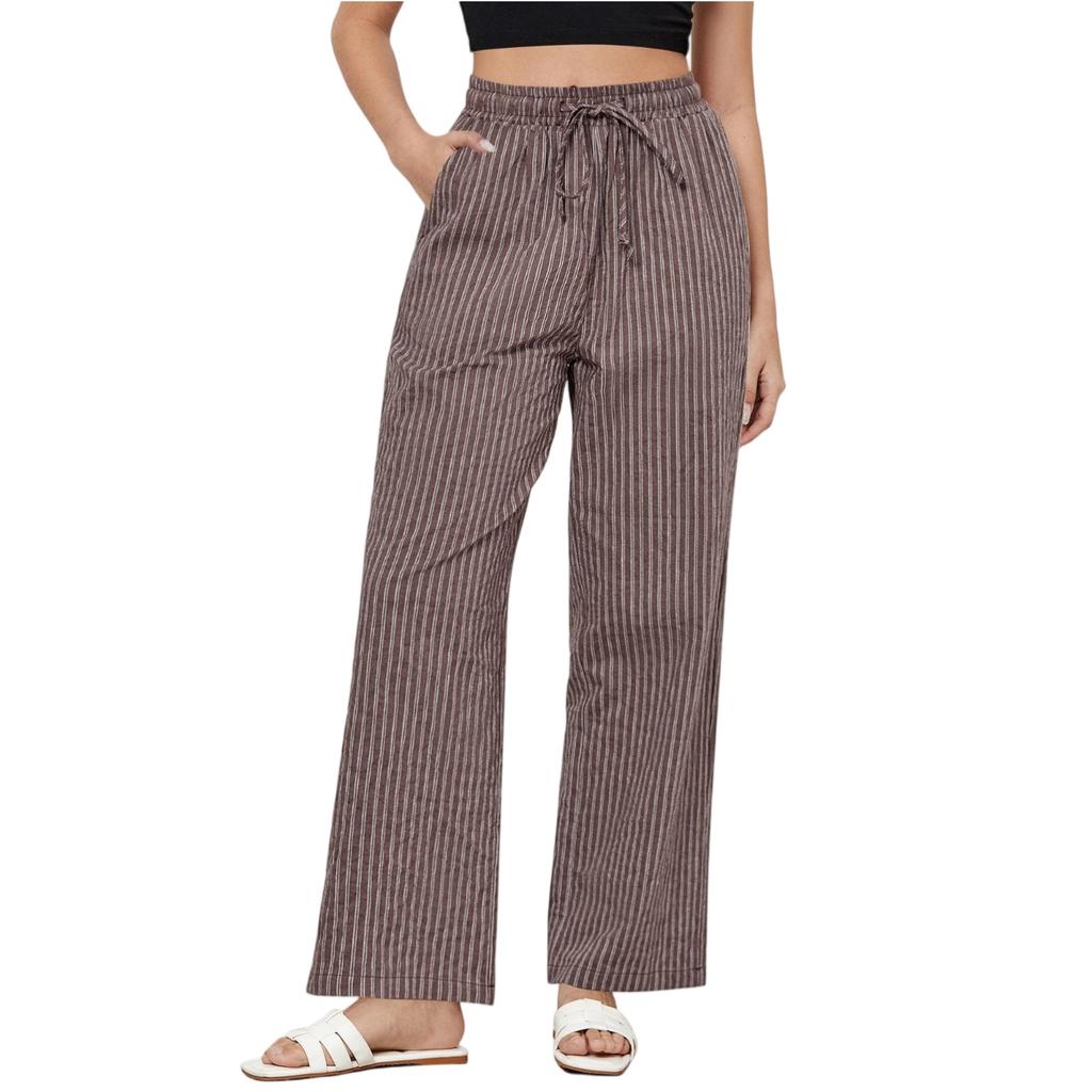 Striped Pants For Women High Waisted Wide Leg Cotton Linen Trendy Beach Pull On Elastic Waist Casual Flowy Pants