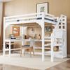 Bunk Bed 140x200 Cm, Children's Bed with L-shaped Desk, Open Wardrobe, Storage Ladder, and Side Rails, Made of Pine Wood Without Mattress