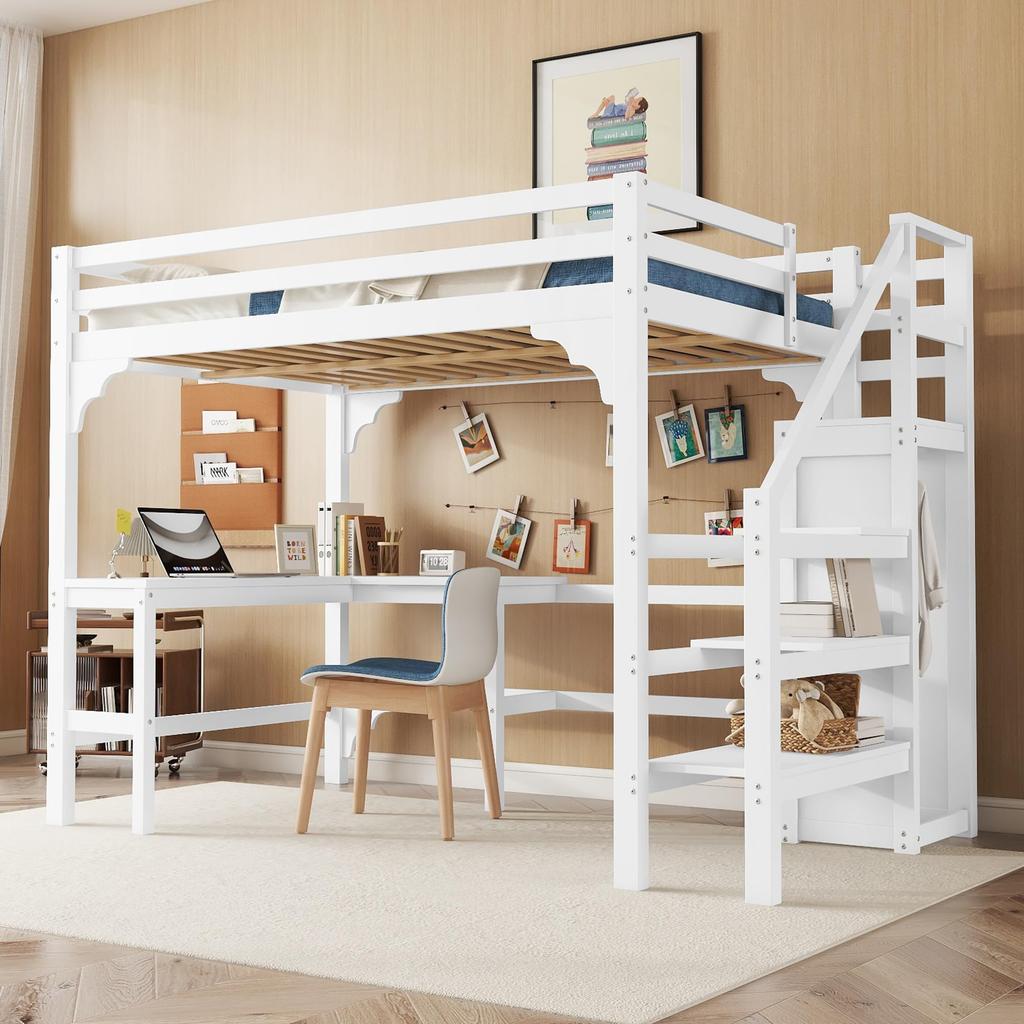 Bunk Bed 140x200 Cm, Children's Bed with L-shaped Desk, Open Wardrobe, Storage Ladder, and Side Rails, Made of Pine Wood Without Mattress