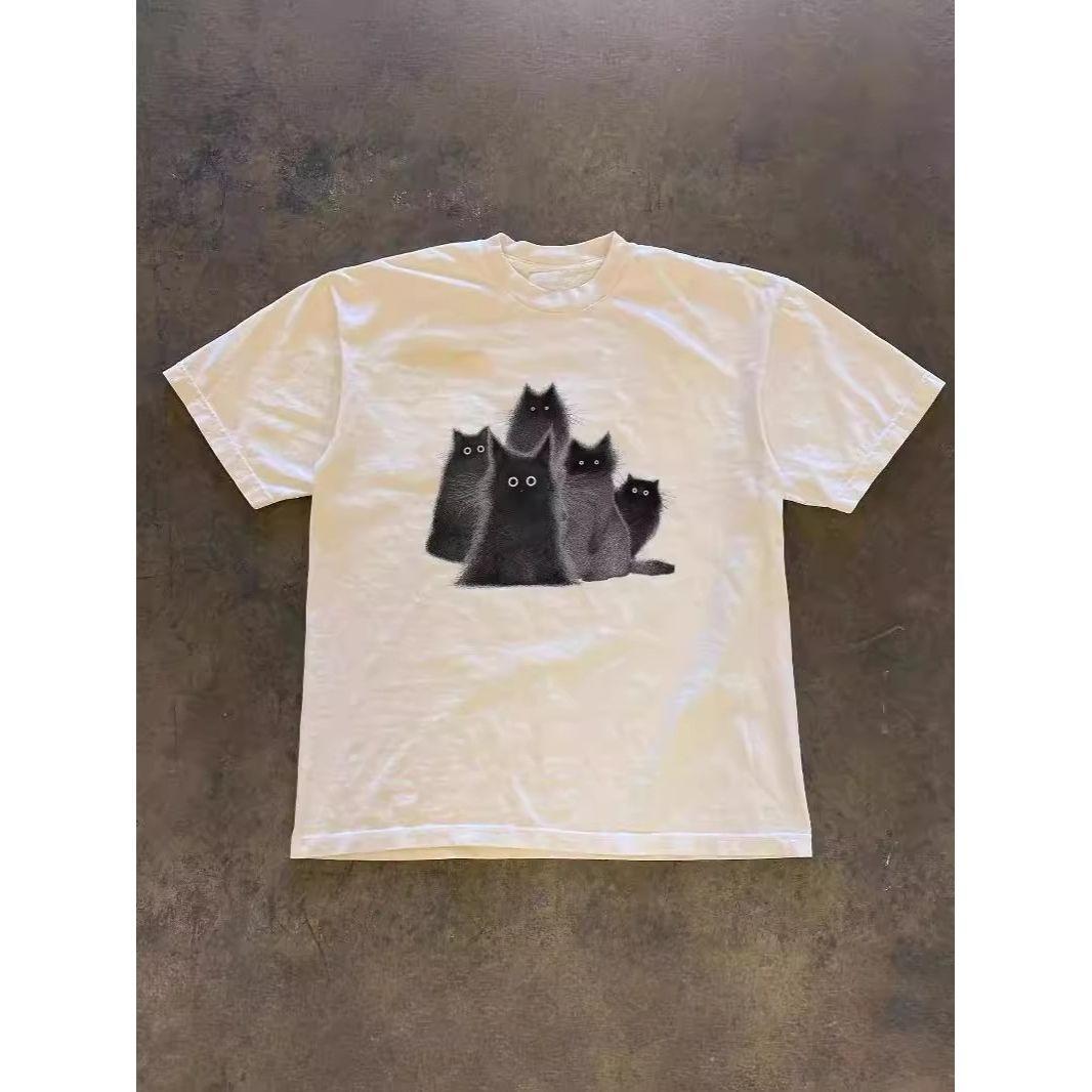 

2025 Autumn and Winter Heavy Fun Ghost Black Cat Printing T-shirt for Men and Women Couples Pure Cotton Casual Fashion T-shirt S