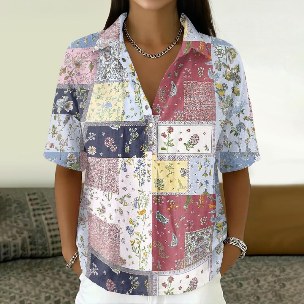 Women's Vintage Floral Print Button Down Shirt Short Sleeve Loose Fit Collared Top Made with Linen Blend Fabric Casual Summer Blouse