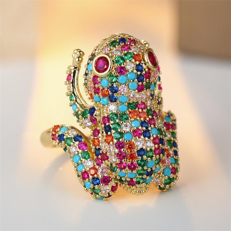 Luxury Inlaid Multicolored CZ Frog Women's Ring Aesthetic Gold Color Geometry Daily Wear Party Jewelry Anniversary Gift
