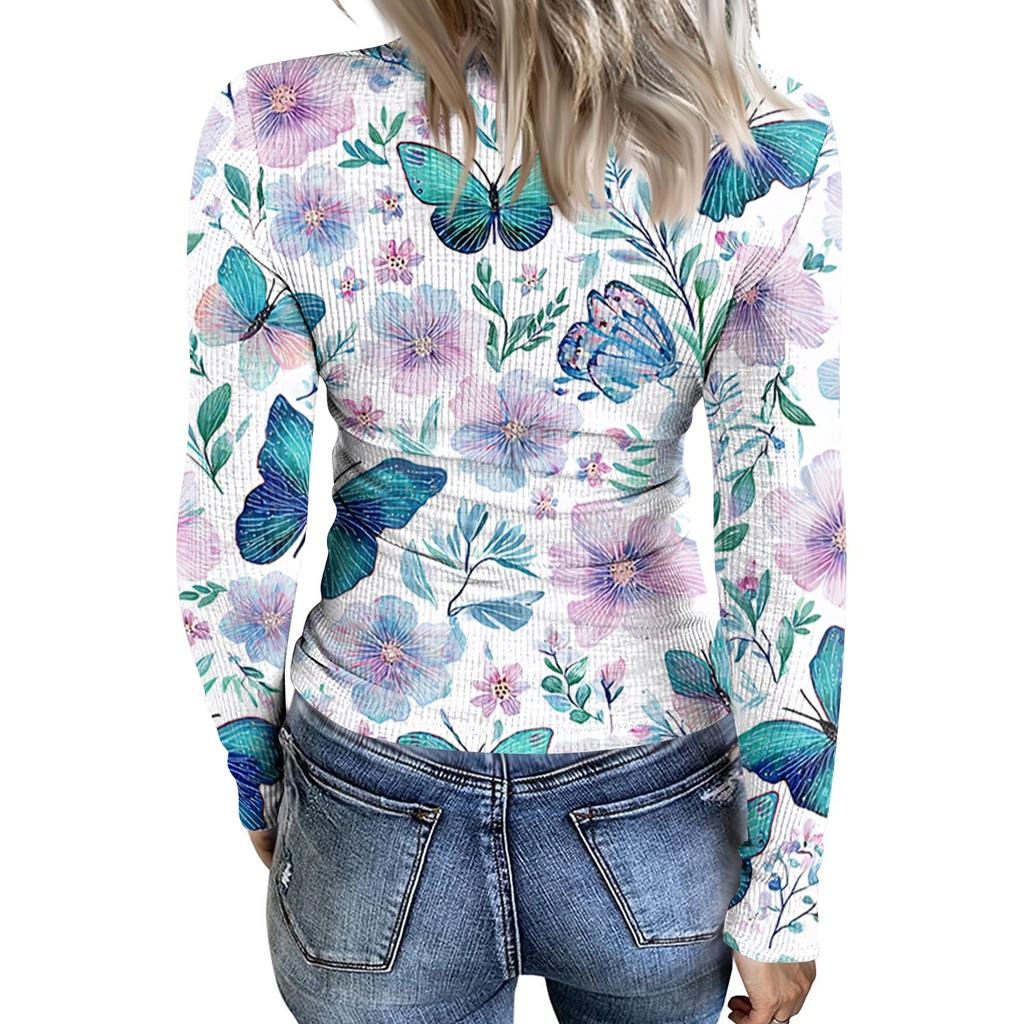 Women’s Casual Long Sleeve Crew Neck Top with Floral Print Ribbed Texture Lightweight Pullover Blouse for Everyday Wear