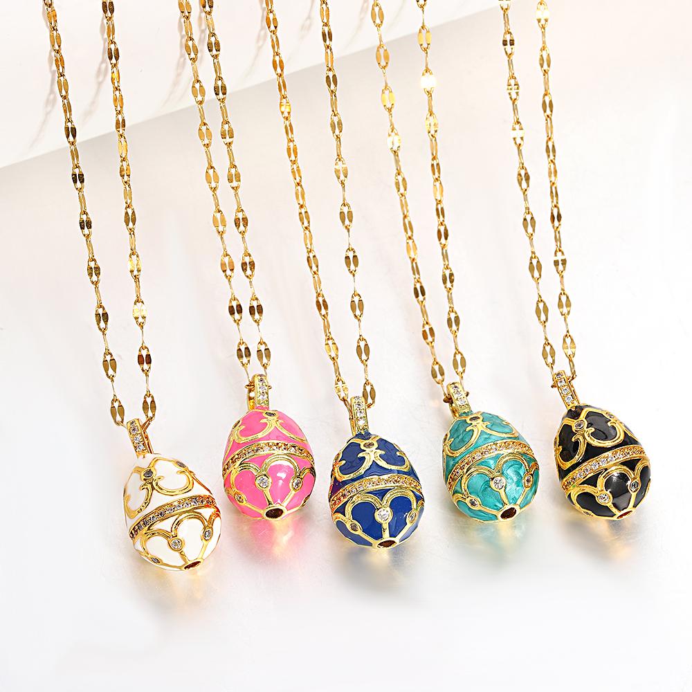 AENSOA Bunte Emaille Ostereier Anhänger Halsketten für Frauen Guilloche Medaillon Ei Strassstein Charm Halskette Gold Farbe Schmuck