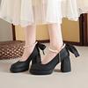 New Mary Janes Pumps for Womens Shoe Round Toe Shallow Mouth Beaded Bow 8.5CM Thick High Heels Office Shoes Size 34-43