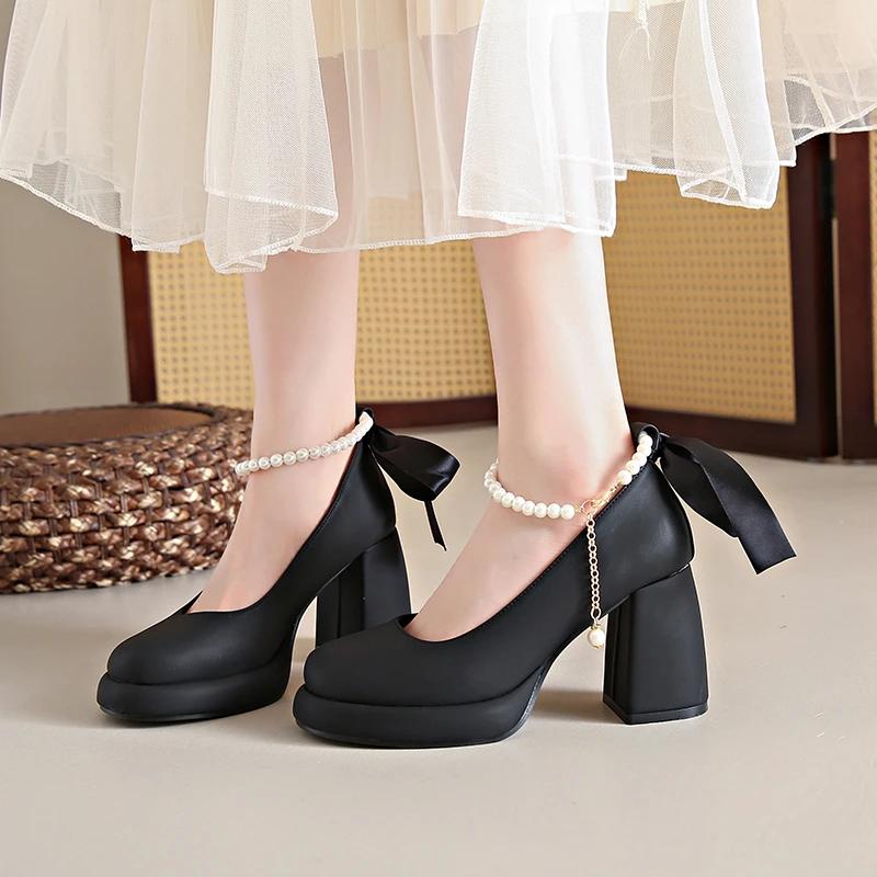 New Mary Janes Pumps for Womens Shoe Round Toe Shallow Mouth Beaded Bow 8.5CM Thick High Heels Office Shoes Size 34-43