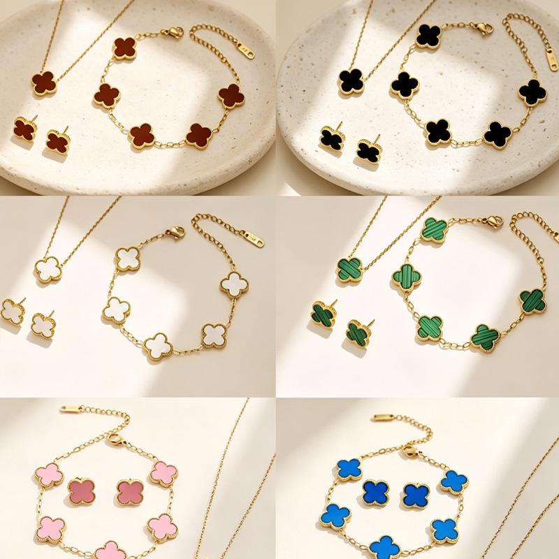 18 Karat Glücksklee Schmuckset: Vierblättriges Kleeblatt Halskette, Armband und Ohrringe