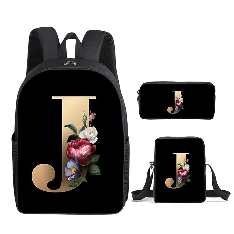 Fashion Novelty Flower letters A-Z 3D Print 3pcs/Set pupil School Bags Laptop Daypack Backpack Inclined shoulder bag Pencil Case