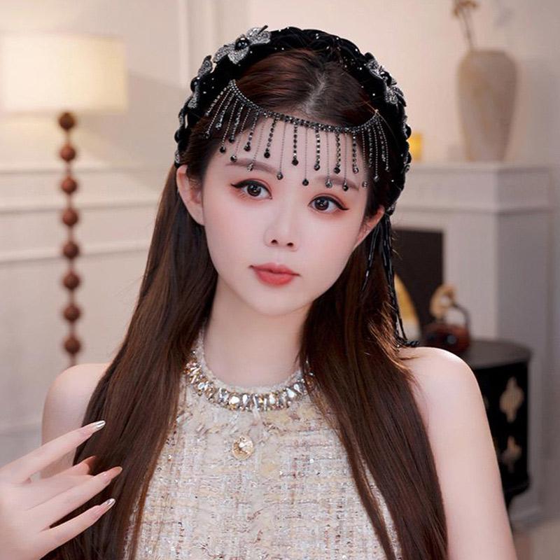 Diadema de Flor Trenzada Estilo Coreano Exquisita Banda Ancha para el Cabello con Pedrería Brillante con Borla Tiara para Fiesta Celebración Decoración Festiva