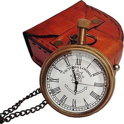 Relógio de bolso antigo Victoria London com corrente e estojo de couro, melhor presente para aniversário, dia dos namorados, casamento etc.