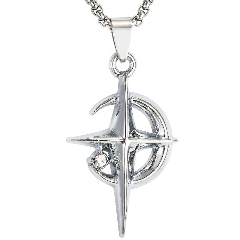 1pc European & American Fashion Halloween Crescent Moon & Star Pendant Necklace, Stainless Steel Bead Chain for Men & Women