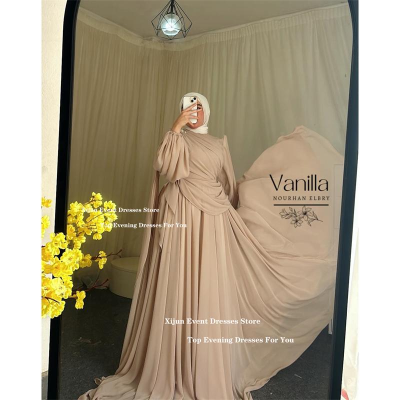 Xijun Elegant Chiffon Long Evening Dresses O-Neck Full Sleeves Prom Dress A-Line Modest Dubai Prom Gown Floor Length Customized