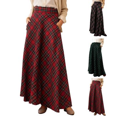 Women's Retro Plaid Maxi Skirt, High-Waisted, Fashionable Casual A-Line Pleated Plaid Floor-Length Skirt
